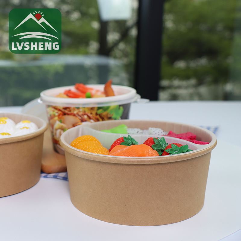 100% Biodegradable Compostable Kraft Paper Bowl With Lid Sekoahelo se Seholo sa Salad Manufacture Take Out