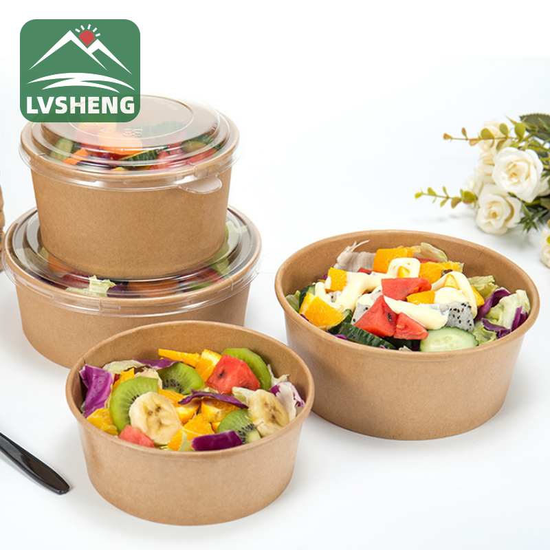 Kraft Paper Salad Bowl e sa keneleng metsi le Bopaki ba Grease With Lid e tlisa boiketlo bophelong ba hau.